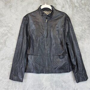 Anage Jacket Womens Size Small Black Leather Full Zip Leopard Lined
